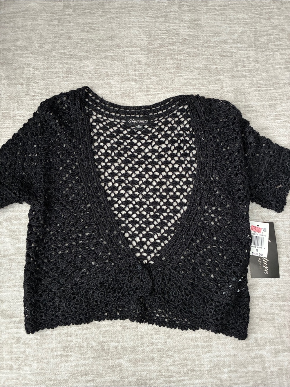 Signature Black Crochet Short-Sleeve Open Front Shrug